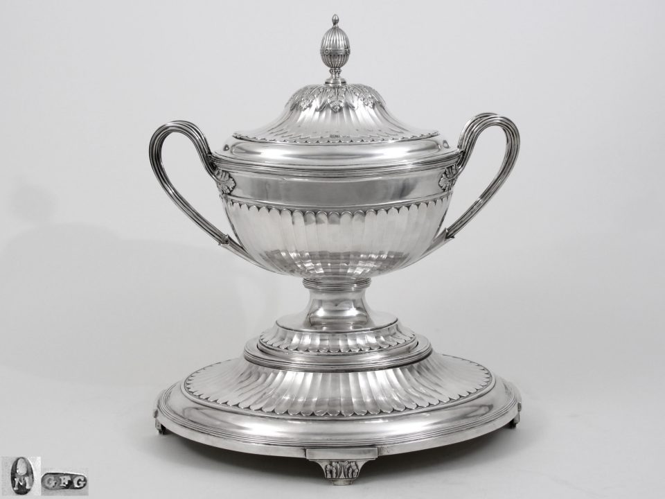 Silver soup tureen, stand, 19th c.