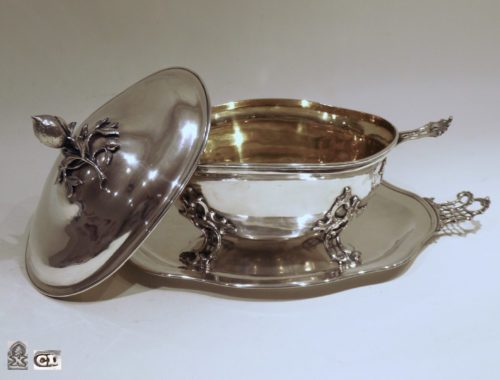 silver German tureen, tray, gilt inside