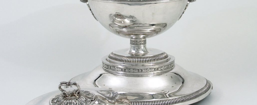 German silver tureen on stand, royal