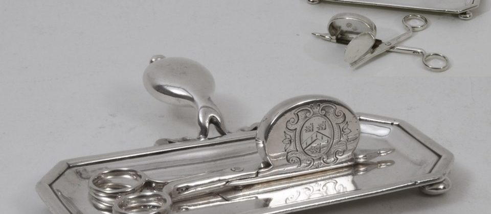 silver snuffer tray and snuffers, English