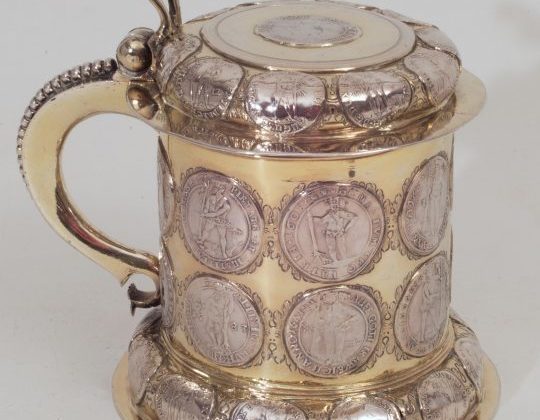 Silver Gilt Coin Tankard, Wild Men, German, 17th century