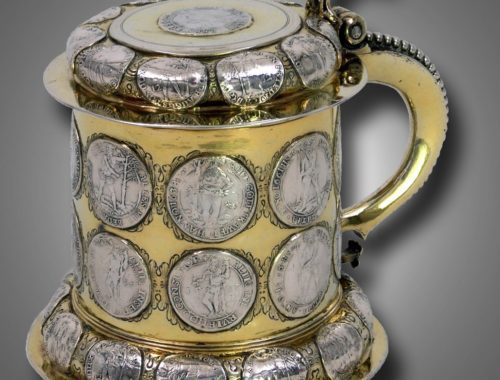 Antique Silver Gilt Tankard, Inset Coins, 17th century