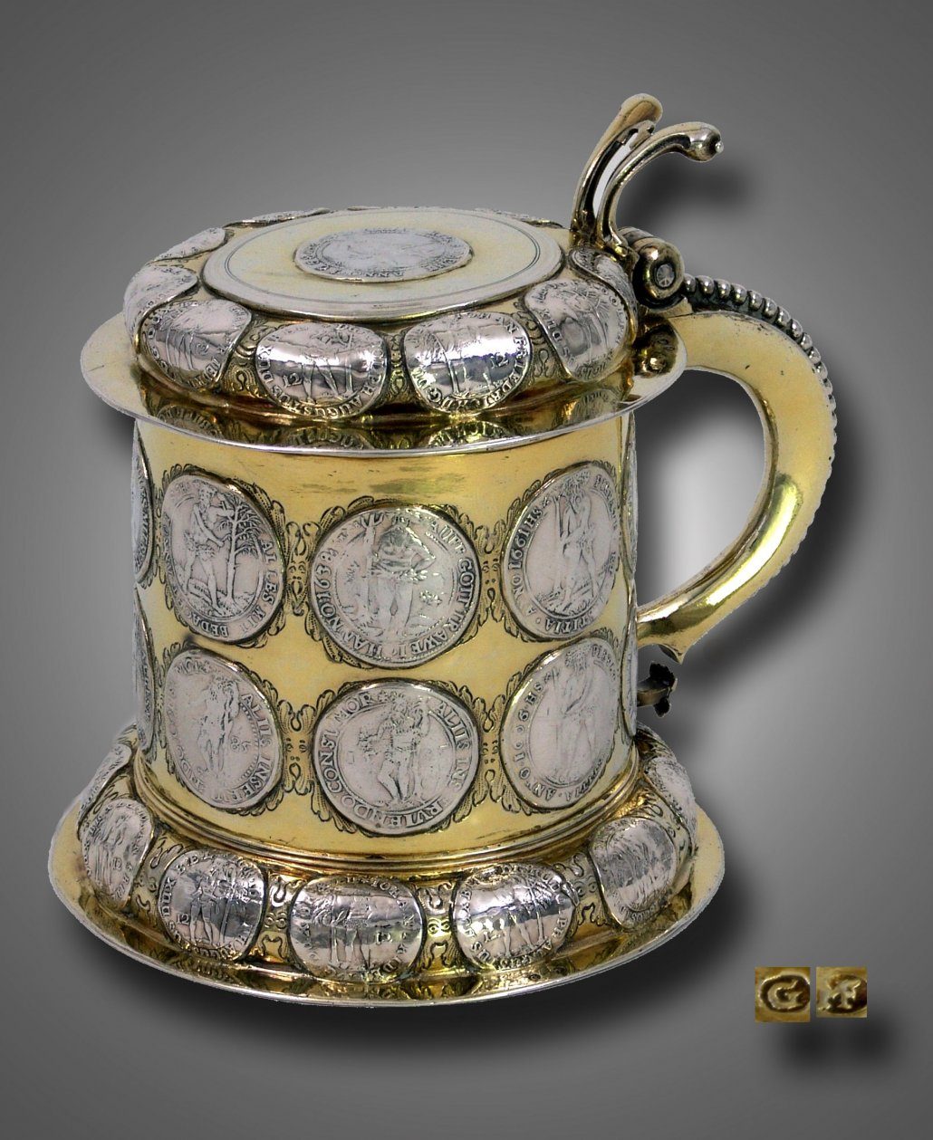 Antique Silver Gilt Tankard, Inset Coins, 17th century