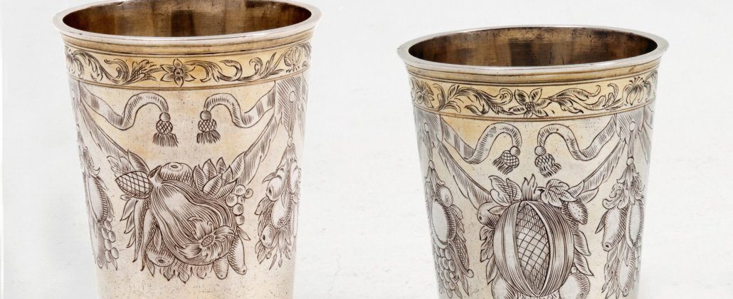 Engraved antique silver beakers baroque