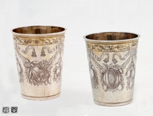 Engraved antique silver beakers baroque